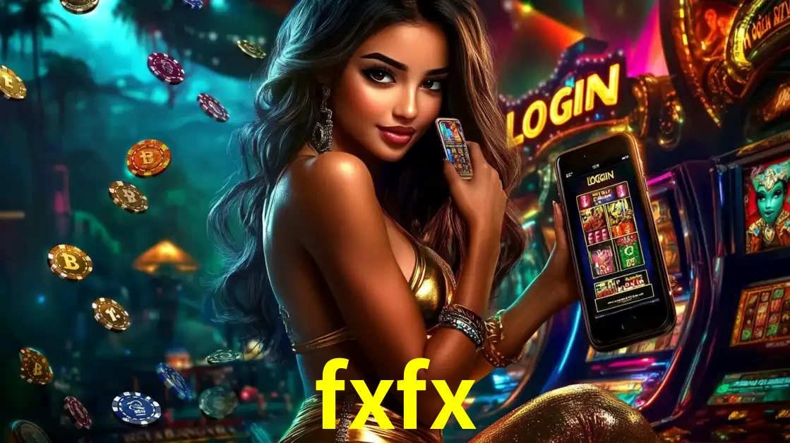 Mulher em um cenário de cassino temático de aventura, mostrando o app de caça-níqueis da fxfx no celular. Fichas de apostas flutuam ao redor.