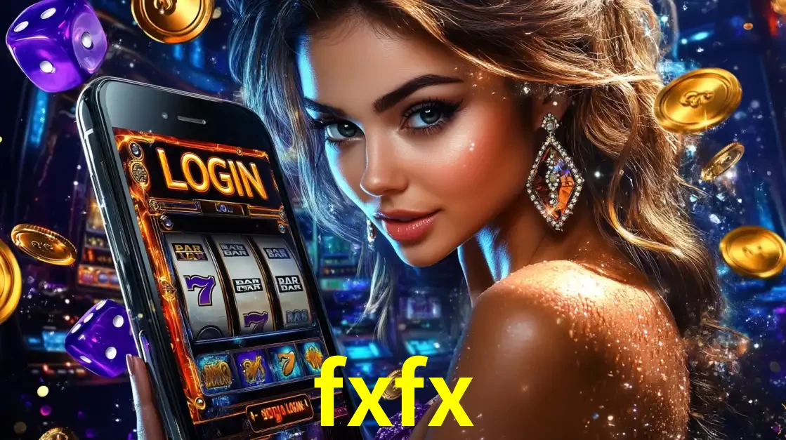 Mulher glamorosa segurando um smartphone com a tela de login para os jogos de caça-níqueis do cassino online fxfx, com moedas de ouro e dados ao redor.